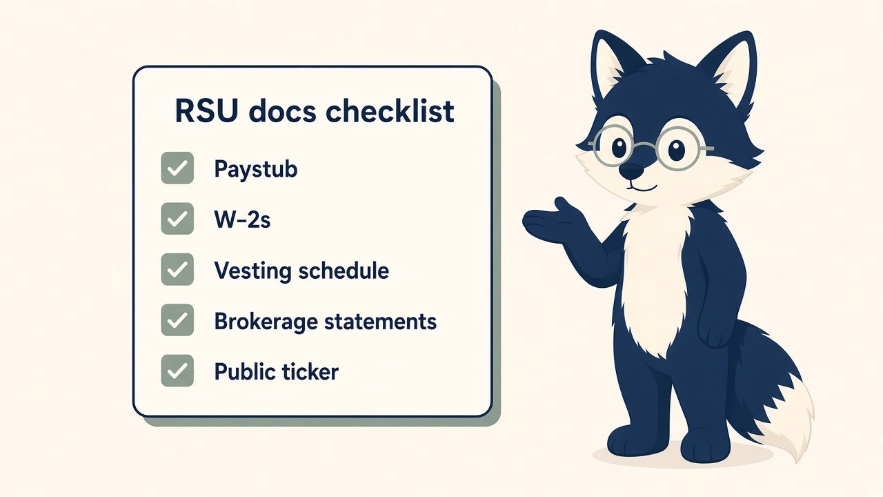 Qualify Fox presenting an RSU docs checklist: paystub, W-2s, vesting schedule, brokerage statements, public ticker