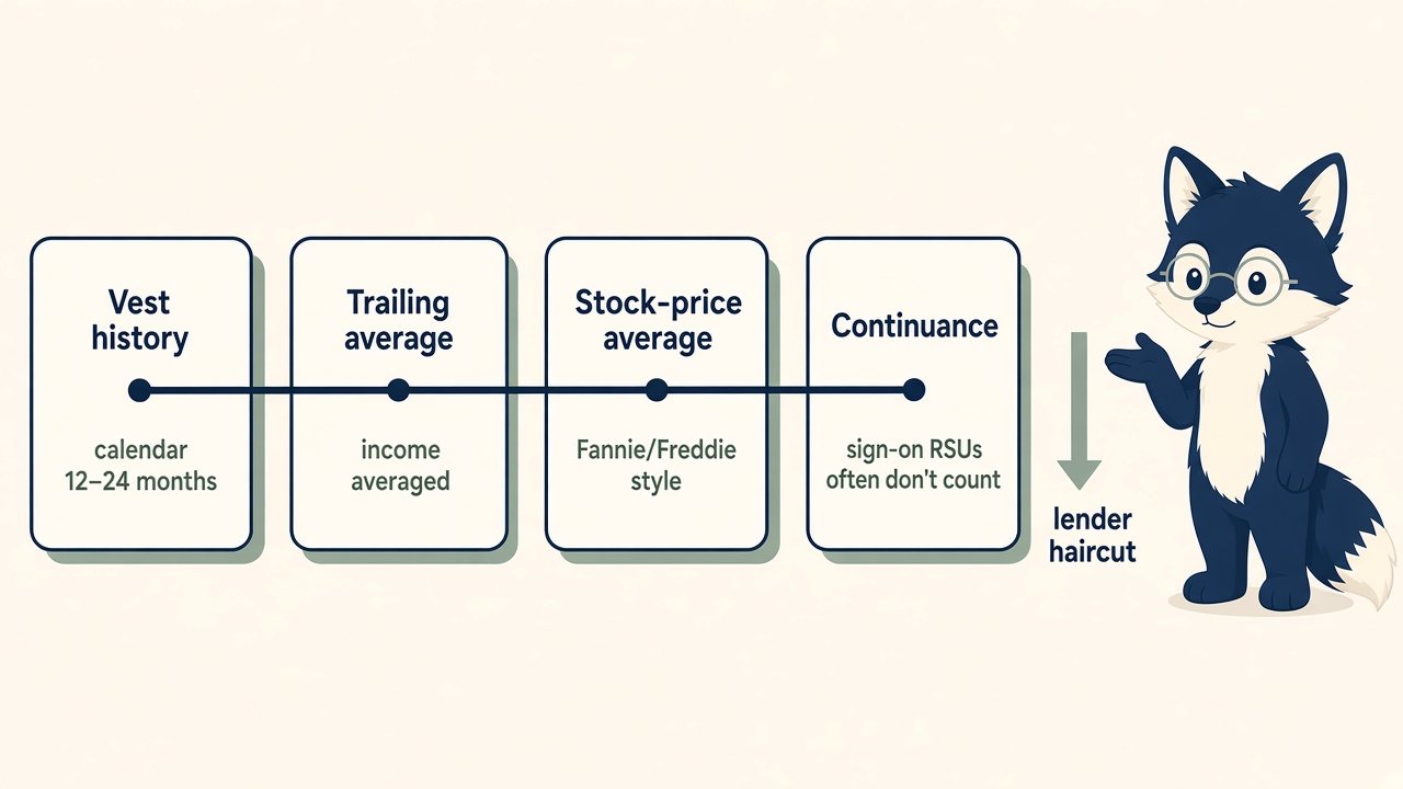 Timeline diagram: vest history (12–24 months), trailing average, stock-price average (Fannie/Freddie style), continuance, then the lender haircut